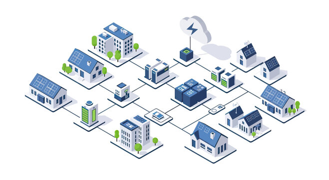 Isometric illustration of a smart grid connecting various buildings, including houses and commercial structures, with solar panels and energy storage.
