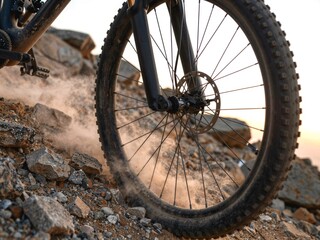 Naklejka premium Mountain Bike Tire Crushing Gravel on Steep Trail
