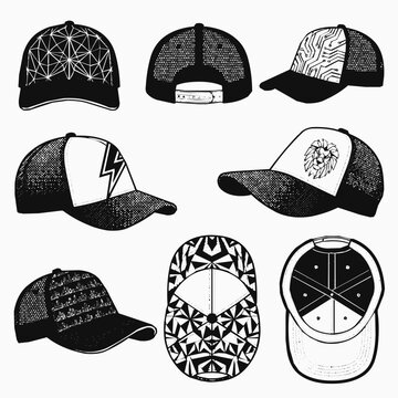 Comprehensive trucker cap mockup template set for apparel headwear, featuring various angles, geometric patterns, and cad 2d technical vector views.
