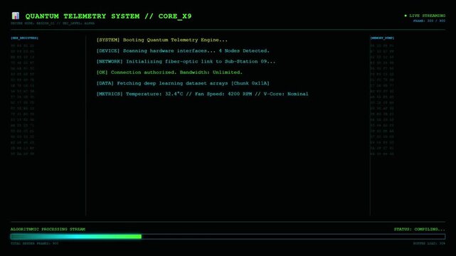 Futuristic green quantum telemetry system terminal code display.
