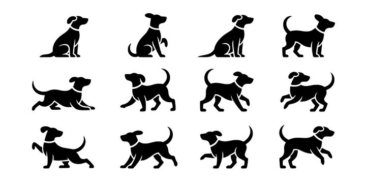Dog Running Paw Print Silhouettes Set on White Background for Pet Training, Icons, and Dog Lover Designs