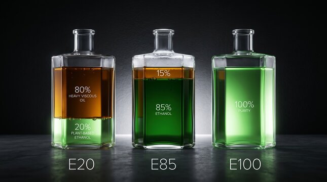 Sleek rectangular glass bottles displaying E20, E85, and E100 biofuel percentages, highlighting the green transition in automotive ethanol fuel energy.