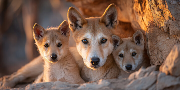 Dingo Puppies Peeking Out of Rocky Cave