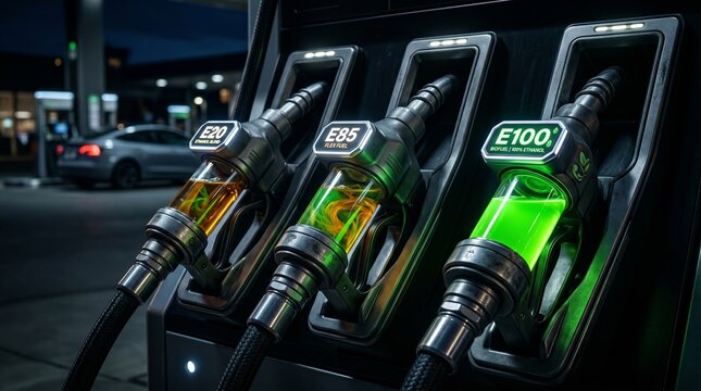 Close-up of illuminated gas station pump handles dispensing E20, E85, and E100. The glowing green and amber liquids represent modern eco-friendly ethanol blends.