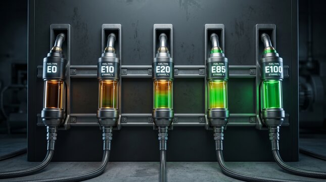 Dark industrial setting with five wall-mounted transparent fuel meters, tracking the flow and transition of E0 to E100 from amber to green biofuel.