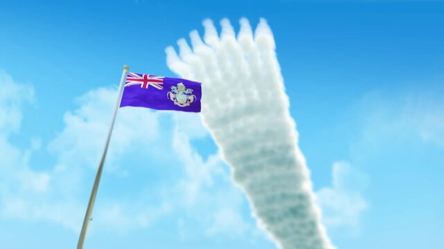 Tristan da Cunha Flag 3D Render Animation on Pole with Fighter Jets Smoke Trails in Blue Sky - Low Angle View