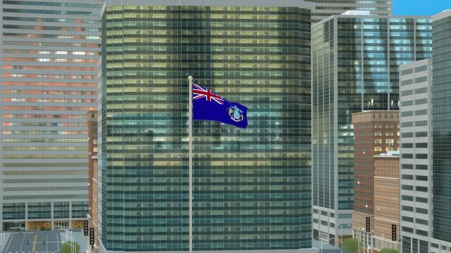 Tristan da Cunha Flag 3D Render Animation on Pole with Modern Business District Buildings - Daytime View