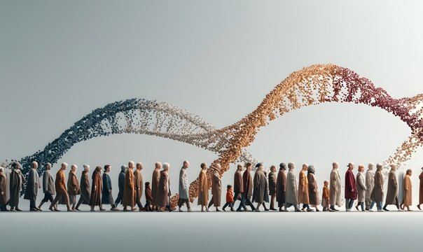 Diverse group of people walking together in unity with a colorful wave of abstract shapes behind them