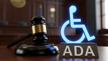 Americans with Disabilities Act ADA civil rights law concept featuring a wooden judge gavel and blue handicapped accessibility symbol on a legal desk representing judicial justice and equality.