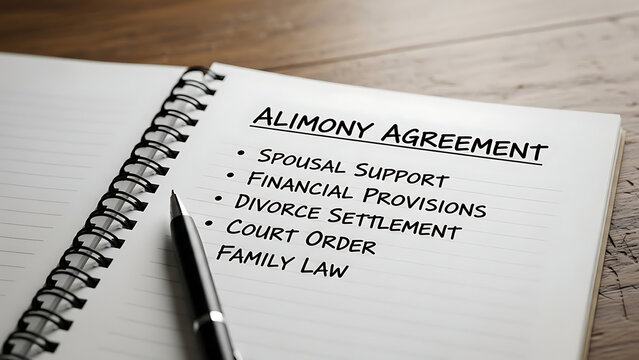 Formal alimony settlement agreement written on spiral notebook with pen on wooden desk representing legal separation and matrimonial contract during divorce proceedings in law office.