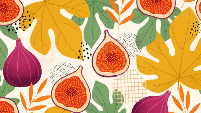 Vibrant botanical pattern featuring figs, leaves and tropical colors.