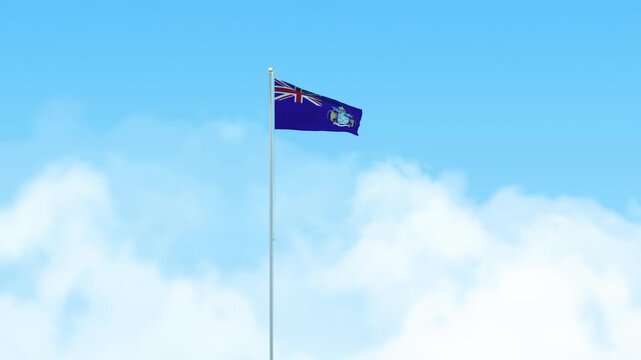 Tristan da Cunha Flag 3D Render Animation Waving on Pole with Blue Sky