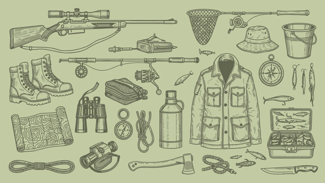 Illustration of assorted outdoor survival and camping gear including backpack, clothing, cookware, and tools laid out.