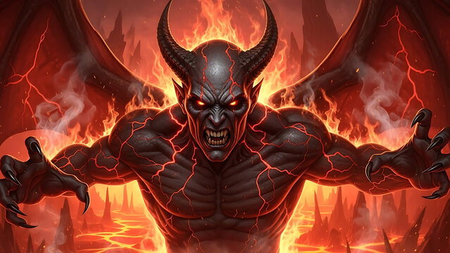 Terrifying hellish demon creature with glowing furious gaze and menacing face emerging from the blazing infernal pit of fire, evil satanic monster representing darkness and underworld.