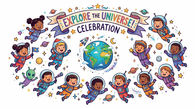 Joyful diverse children in space suits celebrate around a bright Earth globe in a colorful space illustration
