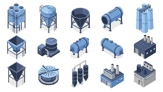 Isometric collection of industrial storage tanks, silos, and related equipment.