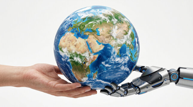 Bionics Bionik Biomechanisch Bionisch Menschlich Hände Schutz Hand Erdkugel Klimaschutz. Mensch und Maschine tragen gemeinsam die Erde als Symbol f&uuml;r Umweltschutz und technologischen Fortschritt