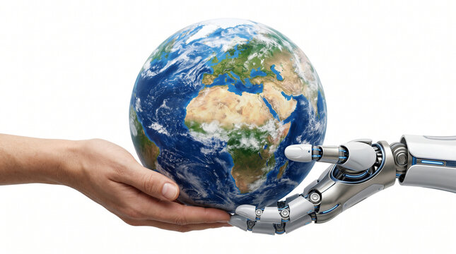 Bionics Bionik Biomechanisch Bionisch Menschlich Hände Schutz Hand Erdkugel Klimaschutz. Mensch und Maschine tragen gemeinsam die Erde als Symbol f&uuml;r Umweltschutz und technologischen Fortschritt