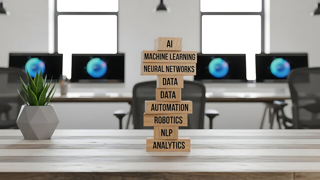 Futuristic artificial intelligence concept using stacked wooden cubes inscribed with AI machine learning neural network science technology symbols for digital innovation and data progress