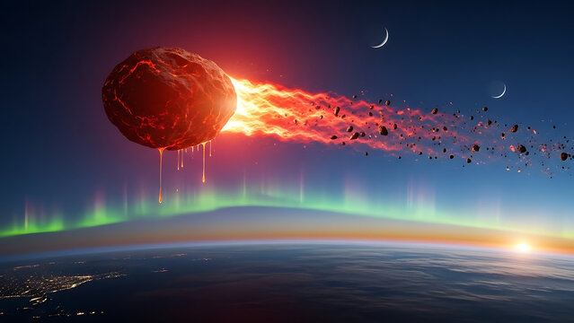 Cinematic illustration of a massive fiery asteroid approaching Earth's atmosphere, representing a cosmic danger and potential planetary extinction event in the distant future.