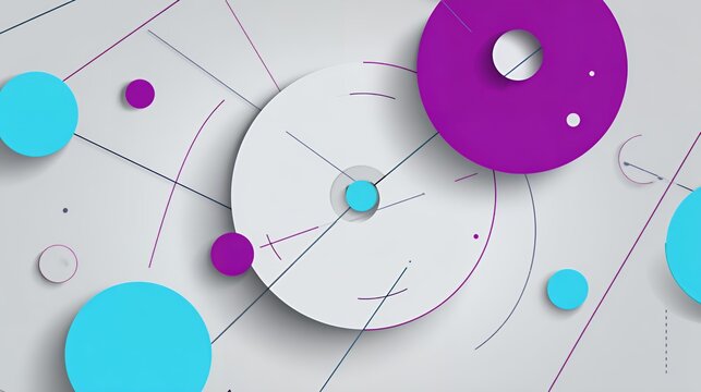 Minimalist abstract geometric background with 3d overlapping circles and intersecting lines in teal purple and white colors