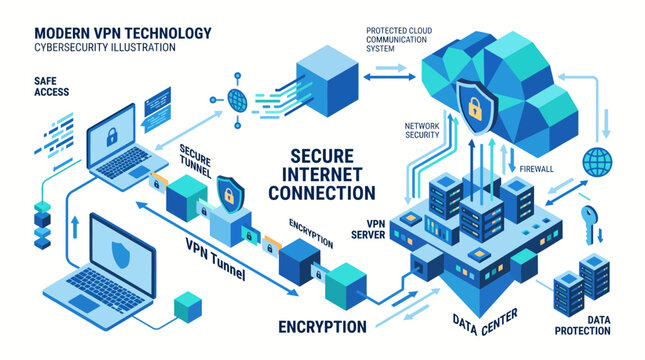Modern VPN Technology Cybersecurity Illustration Secure Internet Connection.