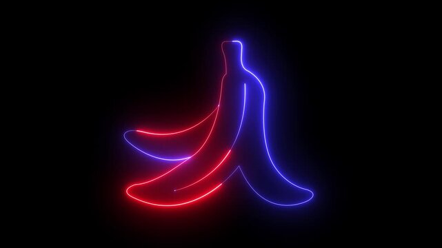 glowing neon banana peel icon isolated on black background. depicting organic waste, slippery fruit hazard signs and symbolizing ecological disposal. 4k video animation.