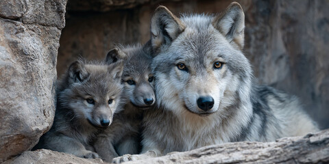 Fototapeta premium Two Grey Wolves Close Up Looking at Camera