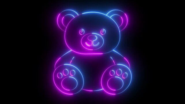 glowing neon teddy bear icon isolated on black background. representing plush toys and childhood comfort. perfect for children&rsquo;s products, baby items, and playful graphic designs. 4k video animation.