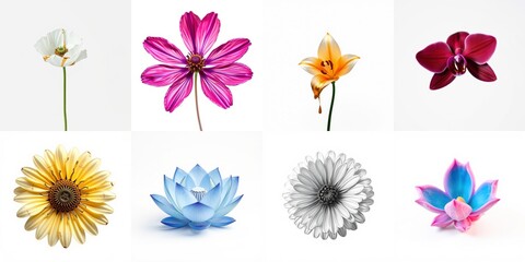 Obraz premium Floral collection displays diverse blooms. Petals exhibit varied colors, shapes, textures. Delicate stems support beautiful blossoms.