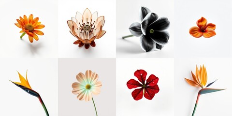 Obraz premium Floral arrangement. Diverse blooms presented against stark black background. Delicate petals, vibrant colors, botanical study.