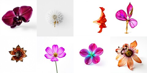 Obraz premium Floral collection showcases diverse blooms. Vivid colors, delicate petals, striking forms present botanical beauty. White background emphasizes floral details.