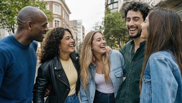 Group of friends laughing together on a city street during a casual daytime outing