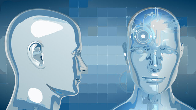 Blue humanoid heads, futuristic robotic faces, technology concept, artificial intelligence