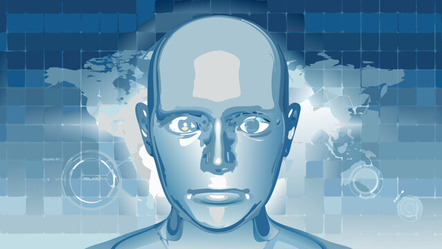 Blue human face, futuristic illustration, world map background, technology concept, digital avatar