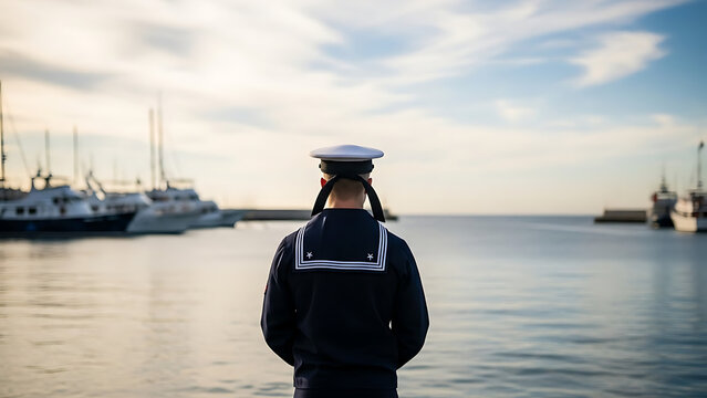 Rear View of a Navy Sailor in Uniform Standing on a Concrete Berth Looking at the Sea with Blurred Boats and Maritime Vessels in the Distance under Bright Daylight