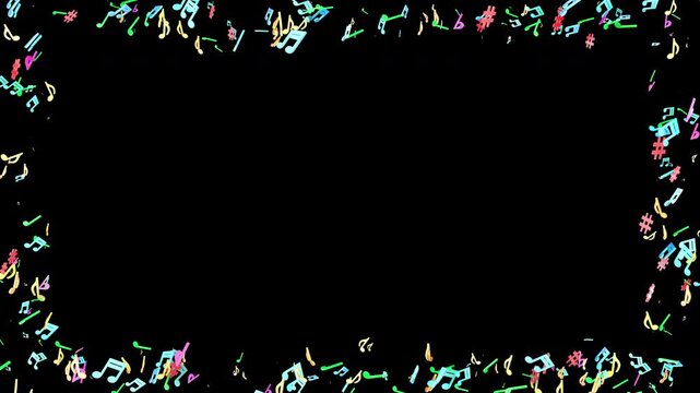 カラフルな3Dの音符と音楽記号が画面を囲むアルファチャンネル付き枠素材,4分音符,演奏,
Frame with alpha channel featuring colorful 3D musical notes and symbols surrounding the screen, quarter notes, performance