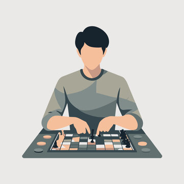 Man playing a strategy board game with pieces on the board.