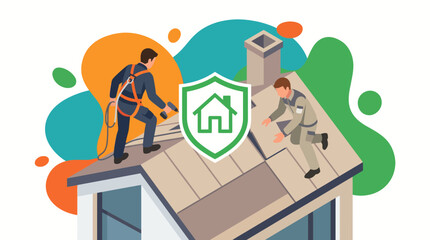 Naklejka premium Two workers on a house roof installing shingles with safety equipment.