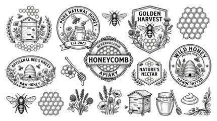 Vintage beekeeping emblem icons featuring honeycomb hives bees and traditional honey production symbols collection  Prompt:Vintage beekeeping emblem icons featuring honeycomb hives bees and traditiona © MstBabliAkter