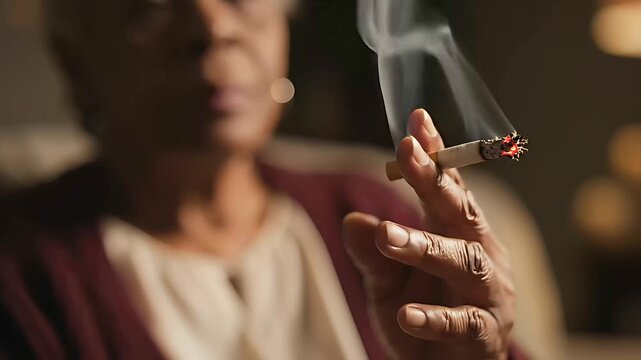 Elderly African American woman smoking a cigarette indoors. Pensive senior lady exhaling smoke in a dimly lit room. Smoking habit concept for health awareness and social issue campaigns.
