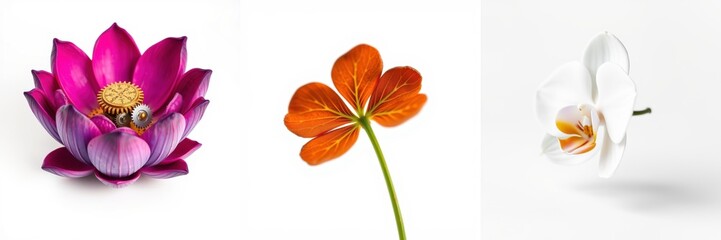 Obraz premium Floral composition. Three distinct blooms presented against white backgrounds. Vivid colors, delicate petals, botanical beauty.