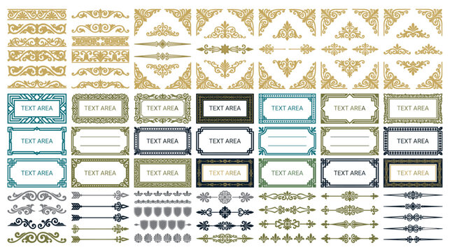 Elegant text area frames and ornamental dividers for design.