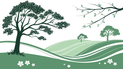 Obraz premium Elegant flat vector illustration featuring stylized green rolling hills and detailed blossoming trees in a serene spring nature landscape design