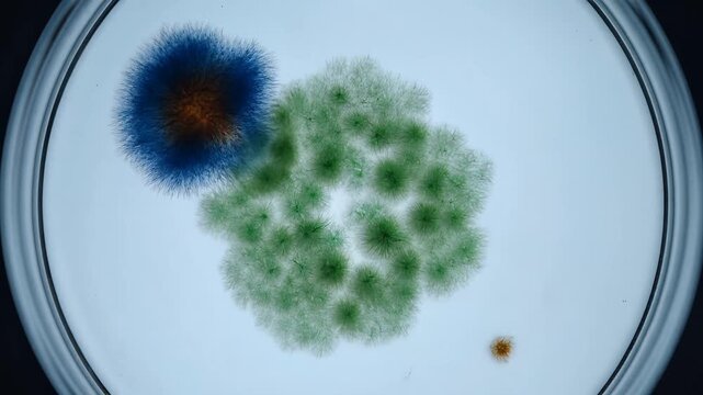 Microscopic view of bacteria colonies growing on agar plate.