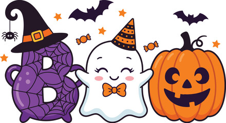 Halloween Boo icons including purple spider web letter b, smiling ghost letter o, and jackolantern letter 0 © Mizan
