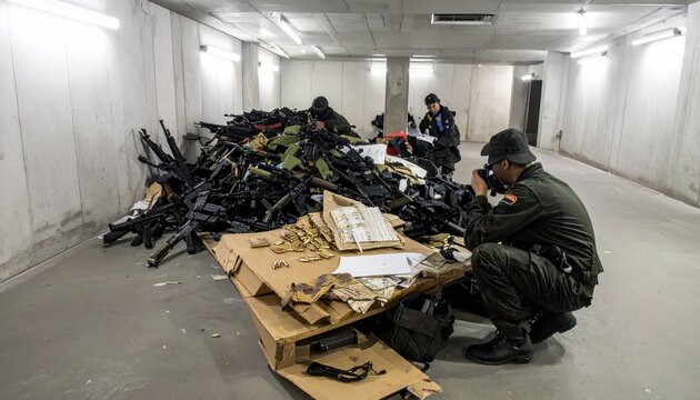 Law enforcement documenting a massive pile of confiscated weapons and ammunition during an investigation