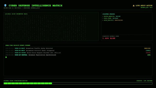 Futuristic green cyber security network monitor interface hud display.
