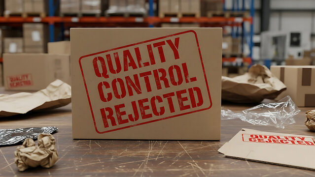 Cardboard shipping box with bold red quality control rejected stamp on warehouse table representing failed product inspection and manufacturing defect during industrial logistics process.