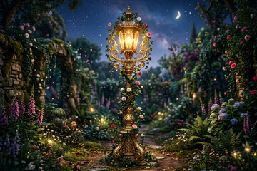 Fototapeta premium Vintage golden lamppost glowing in an enchanted fantasy flower garden at night, starry sky